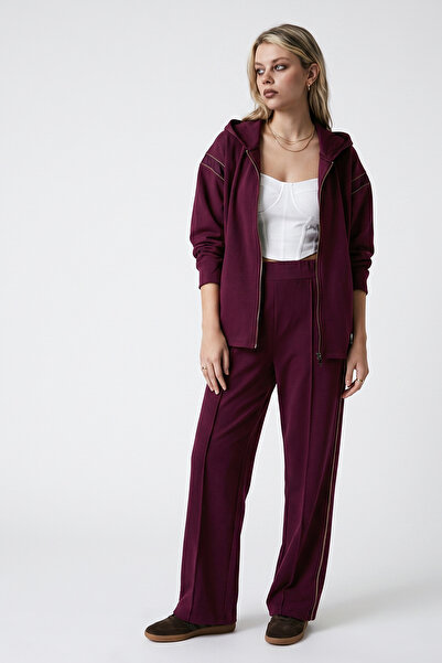 Purpleclo Women's Burgundy Modal Soft Touch Stripe Detailed Sporty Stylish Top and Bottom Set