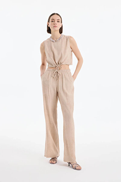 Quzu Elastic Waist Wide Leg Beige Women's Trousers Pnt00454