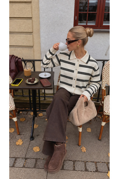 NİLZA Paris Ecru Black Striped Polo Collar Stone Buttoned Knitwear Cardigan