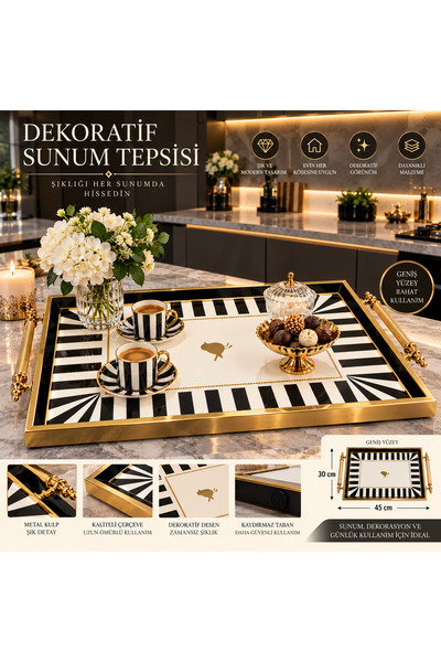 Genel Markalar Gold Kenarlı Dekoratif Sunum Tepsisi – Şık ve Modern Servis Te...