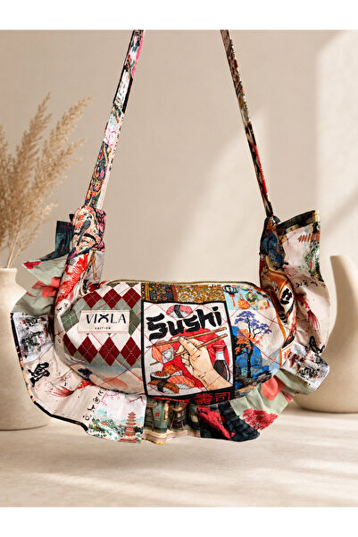 Viola Edition Patchwork Japon - Sushi Desenli Fırfırlı Günlük Omuz Çantası