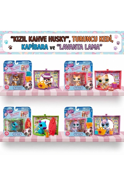 Littlest Pet Shop LPS Pet Nook Assortment 4'lü Miniş Seti: Kızıl Kahve Husky,...
