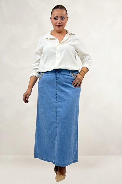 Eslina 2209 S1 Fusta din denim brodata cu buzunare - Albastru gheata