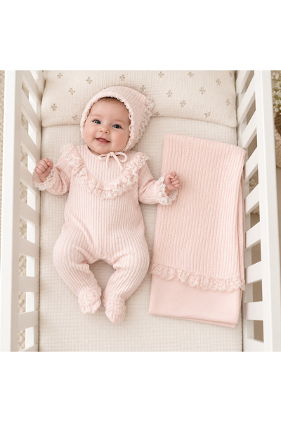 lisaloom baby & kids Lia Jacquard 0-3 Months 100% Cotton Lace Jumpsuit Hat Bl...