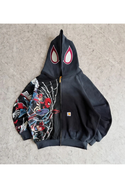 DENOKMODA Spider Man Printed Sleeve Detail Unisex Zippered Cardigan