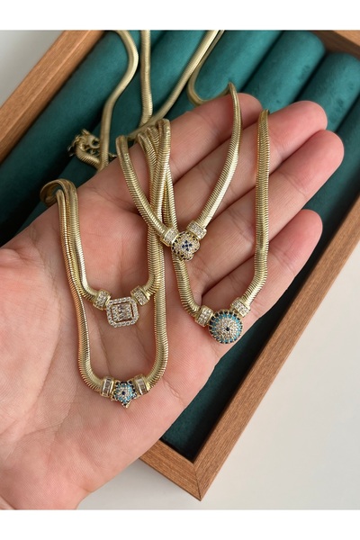 14K Kaplama Gold Mini Çiçek Detay Yılan Zincir Kolye - Taşlı Yılan Zincir Kolye (46 cm)