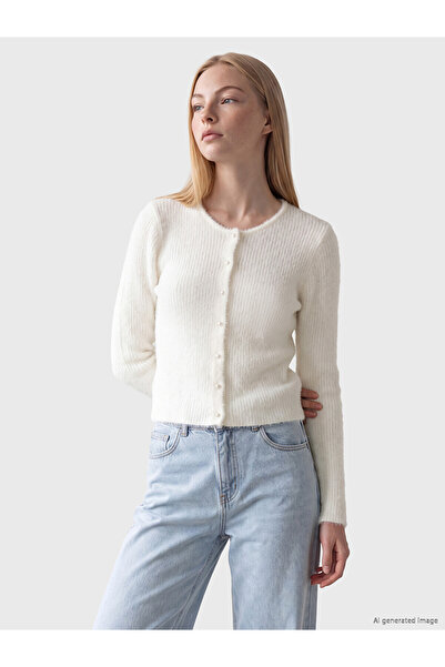 LC Waikiki Xside White Knitwear Plain Women's Cardigan with Nevavm Difference