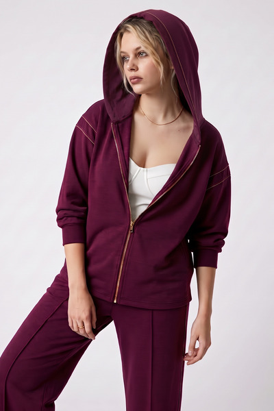 Purpleclo Women's Burgundy Modal Soft Touch Stripe Detailed Sporty Stylish Top and Bottom Set