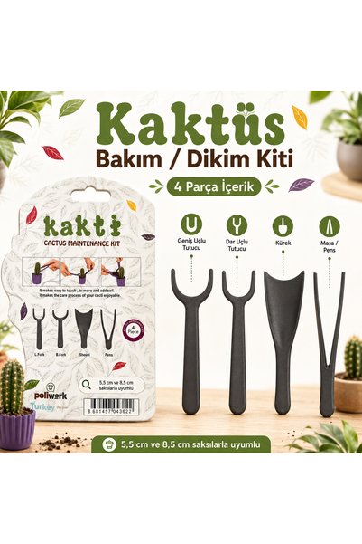 Poliwork Kaktüs Bakım ve Dikim Seti 4 Parça Mini Bahçe El Aletleri Saksı Bakı...