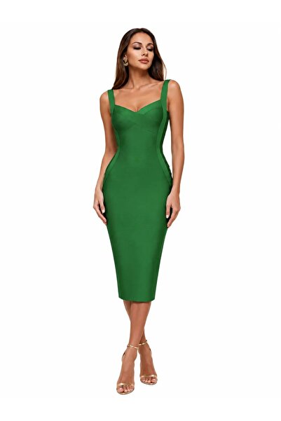 CHARMÉE Rochie verde smarald midi mulată cu bretele late, Verde