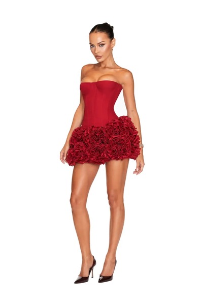 CHARMÉE Rochie roșie scurtă cu corset și fustă din trandafiri, Roșu