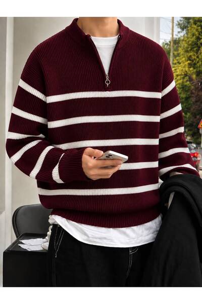 threeoff Men's Striped Knitwear Sweater Half Zipper Stand Collar Oversize Rib...