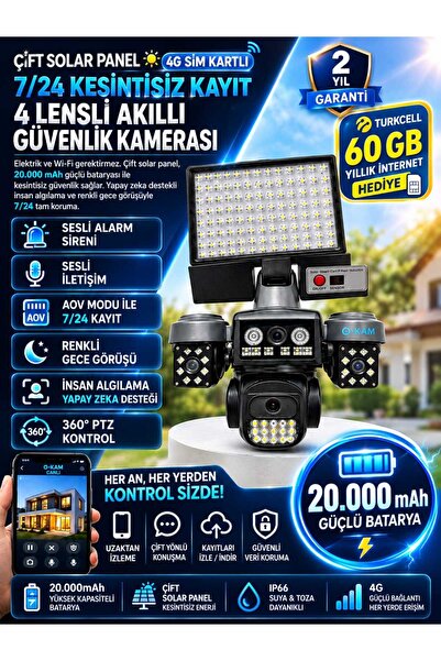 O-KAM 4G SIM Kartlı 4 Lensli Solar Güvenlik Kamerası 20.000mAh 360° PTZ 7/24 ...