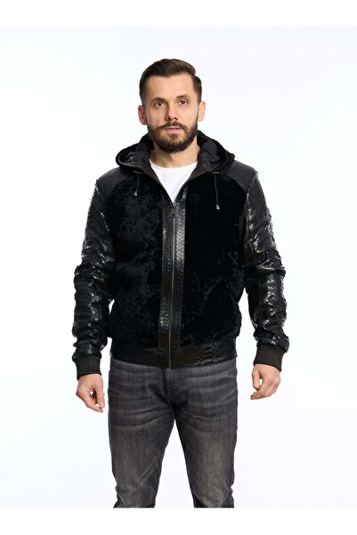 Luxus Geaca din piele naturala pentru barbati cu astrahan si gluga