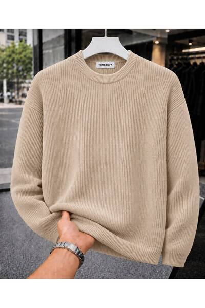 threeoff Men's Regular Fit Crew Neck Braided Knitwear