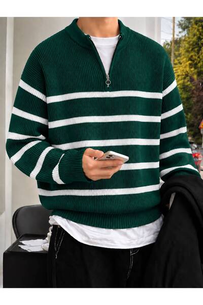 threeoff Men's Striped Knitwear Sweater Half Zipper Stand Collar Oversize Rib...