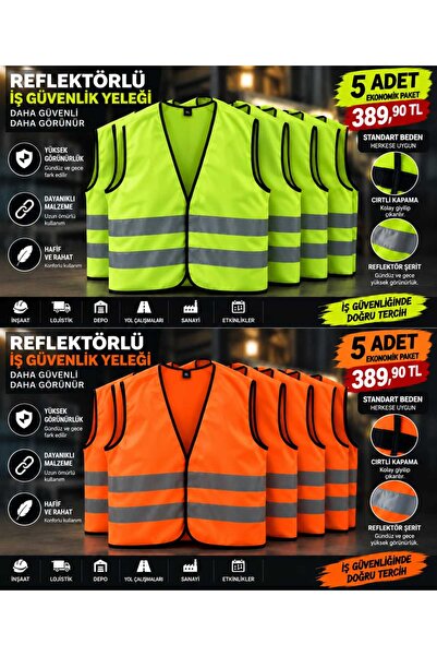 Reflektörlü İş Güvenlik Yeleği Cırtlı Standart Beden 5 Adet Motorcu Yeleği İkaz Yeleği