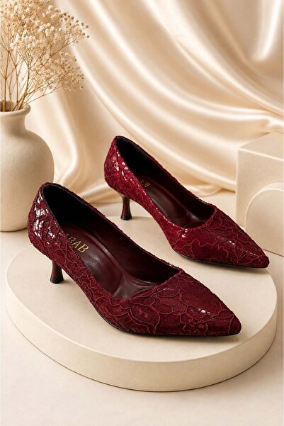 dabab shoes Дамски обувки на ток LEYLA, цвят бордо, със заострен връх, с дант...