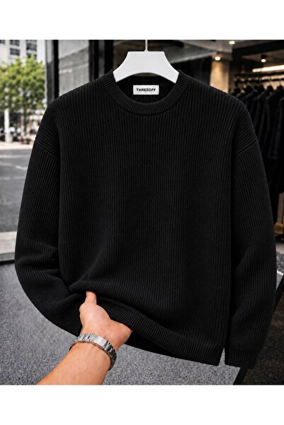 threeoff Men's Regular Fit Crew Neck Braided Knitwear