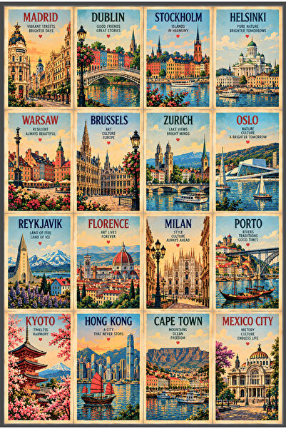 Genel Markalar Vintage Retro Nostaljik Şehir Kartpostal Seti – 16 Parça - Kar...