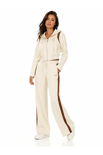CHARMÉE Trening damă elegant cu hanorac scurt și pantaloni largi, Crem