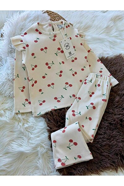 babymoon kids Girl's Cherry Patterned Ribbed Spanish Flared Bottom and Top Set
