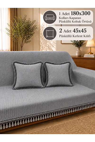 Rain Home Collection 1 Adet 180x300 Püsküllü Koltuk Örtüsü 2 Adet 45x45 Püskü...