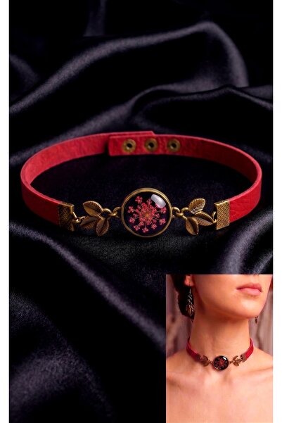 LADYMİRAGE Original Leather Choker Necklace with Real Flowers