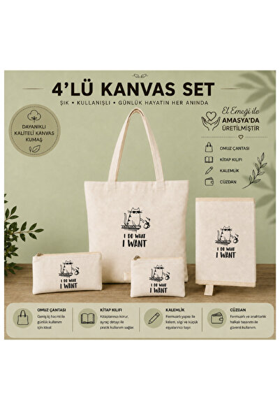 JANJAN 4-Piece Canvas Handmade Bag Set, Shoulder Bag, Book Cover, Wallet and ...