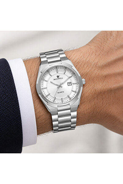 Maxwell طقم ساعات رجالي ونسائي كوارتز باللون الفضي مع تاريخ -MAXWELL Men’s & Women’s Quartz Watch Set – Silver with Date Display