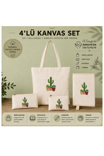 JANJAN 4-Piece Canvas Handmade Bag Set, Shoulder Bag, Book Cover, Wallet and ...
