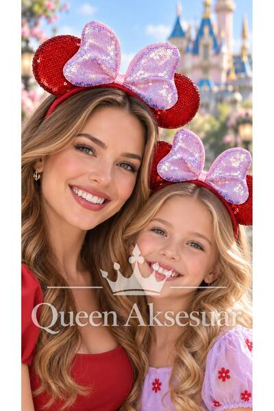 QUEEN AKSESUAR Red Minnie Mouse Ears with Sequins and Pink Bow Crown for Chil...