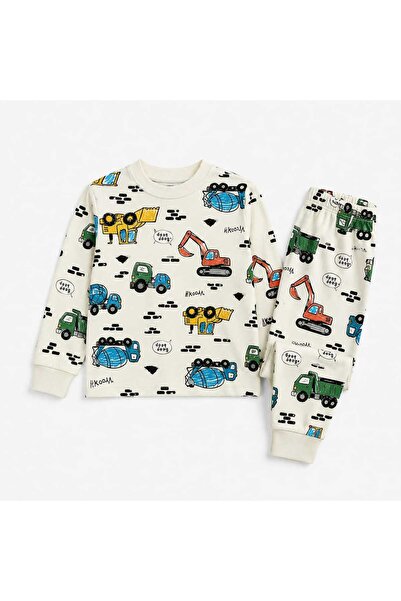 zahider Boy Child 100% Cotton White Work Machine-Printed Long-Sleeve Pajama Set