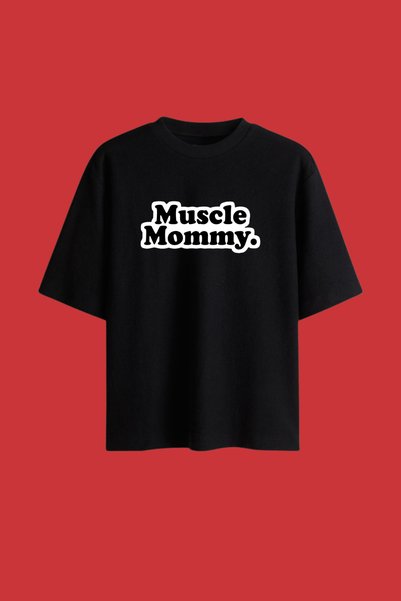 Dupe Design Tricou negru supradimensionat pentru femei, cu imprimeu Muscle Mommy – Îmbrăcăminte sport, fitness, sală, streetwear