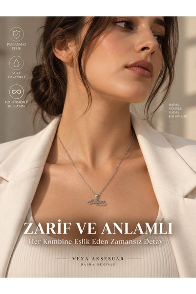 Vexa Aksesuar Ataturk Signed Steel Necklace Ghost Chain Women Men Unisex Gift in Box