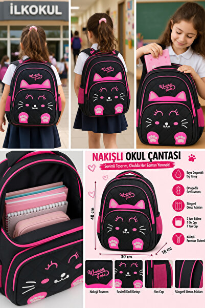 DODOMAR Κεντημένη τσάντα δημοτικού σχολείου Cat Black Pink, Αδιάβροχη Ορθοπεδ...