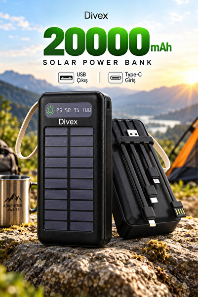 Divex 20.000 mAh Solar Powerbank – Entegre Type-C, Lightning ve Micro USB Kab...