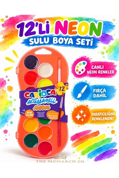 The Monarch Co 12'li Neon Sulu Boya Seti - Fırça Hediyeli, Canlı ve Parlak Re...