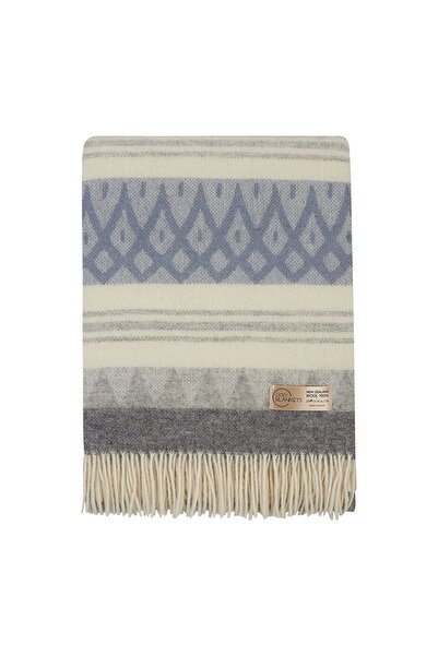 Cozy Blankets Pătură din 100% lână neozeelandeză, albastru-gri, model geometr...