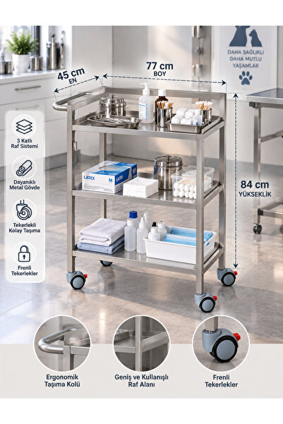 Medorsa 3 Raflı Etejer - Tekerlekli Pansuman Arabası - Metal Etejer