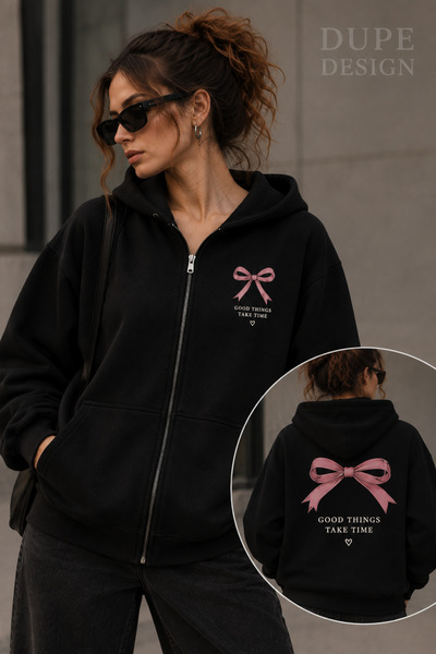 Dupe Design Good Things Take Time Bowknot Printed Women's Oversize Black Hood...