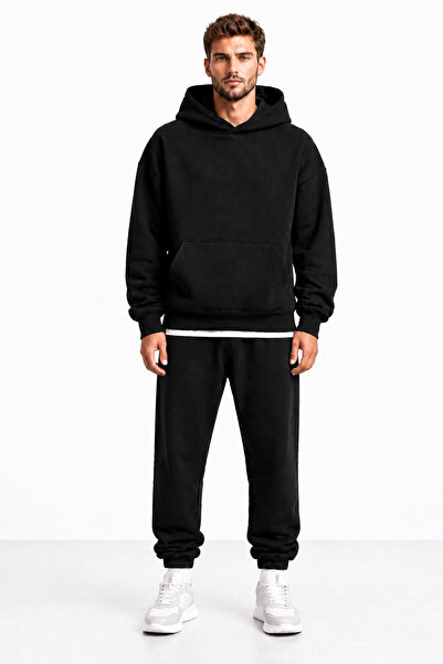 LUMİZA Men's Black Oversize Hooded Tracksuit Set Relaxed Fit Jogger Bottom To...