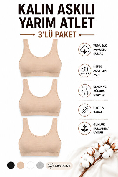 Mudcosıo Kadın Kalın Askılı Yarım Atlet Pedli 3'lü Paket Pamuklu Esnek Rahat