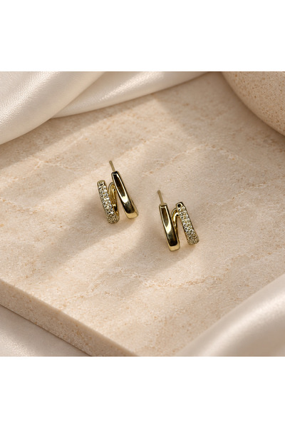 Çelik Küpe 14K Altın Renginde Rodyum Kaplama Zirkon Detay Çift Şeritli İllüzyon Tasarım Glory Model