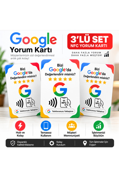 3'lü NFC Yorum Kartı – Temassız Müşteri Değerlendirme Kartı