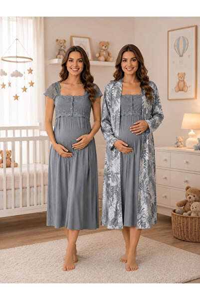by İGP Patterned Robe and Maternity Nursing Pajama Set with Nursing Features ...