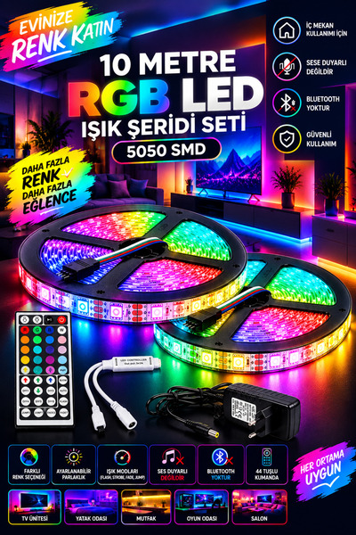 EvimLed 10 Metre Rgb Led 44 Tuş Kumandalı Işık Şeridi Seti 5050 SMD İç mekan ...