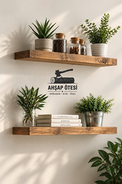 AHŞAP ÖTESİ 2' Li Doğal Ahşap Duvar Rafı 50x14 & 70x14 cm Gizli Askı Sistemli...