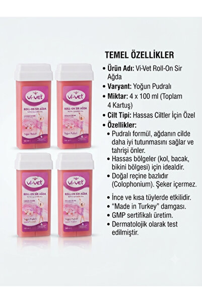 Vi-vet KARTUŞ ( ROLON) SİR AĞDA YOĞUN PUDRA`Lı 4 X 100 ml HASSAS CİLTLER İÇİN