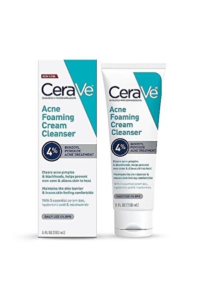 CeraVe Acne Foaming Cream Cleanser, 4% Benzoyl Peroxide Face Wash With Hyalur...
